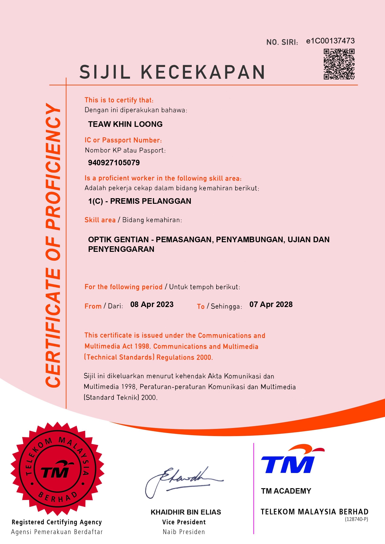 Certificate of Proficiency by TM Academy (Teaw Khin Loong)