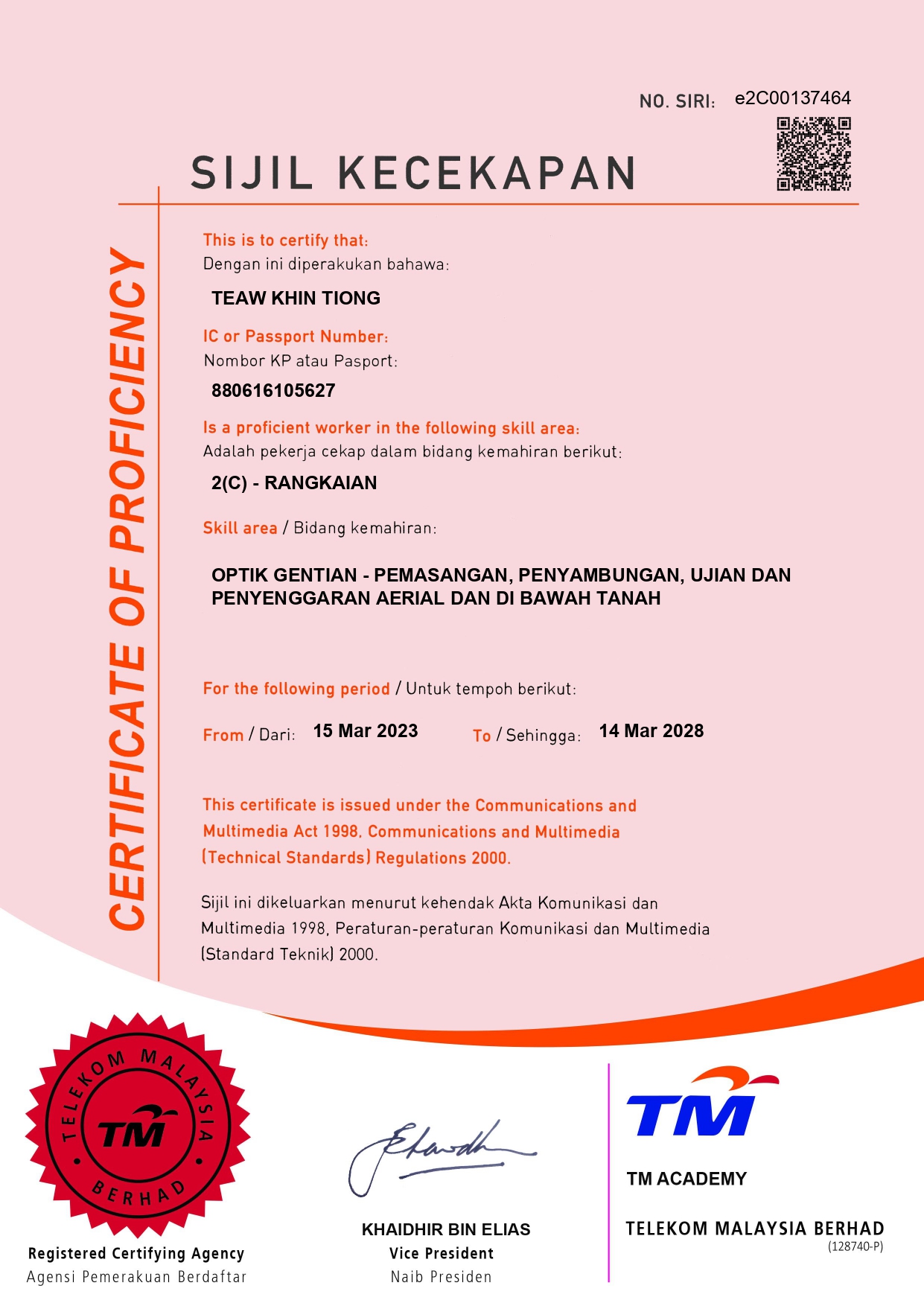Certificate of Proficiency by TM Academy (Teaw Khin Tiong)